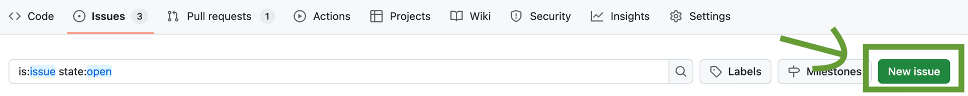 Screenshot showing the new issue button on GitHub
